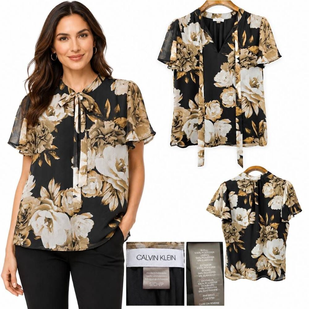 Calvin Klein S Floral Tie Neck Chiffon Blouse Black Tan